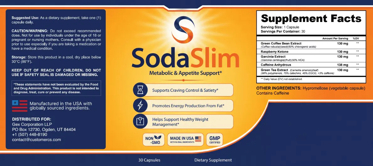 SodaSlim supplement facts label showing all five ingredients and per-serving amounts